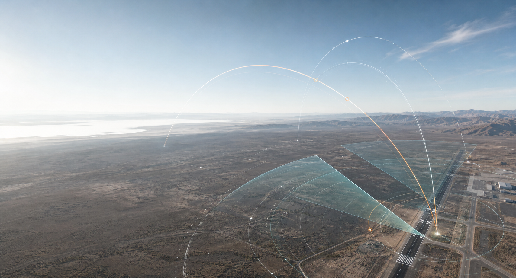 Remote test range terrain with abstract flight paths and sensor coverage overlays.